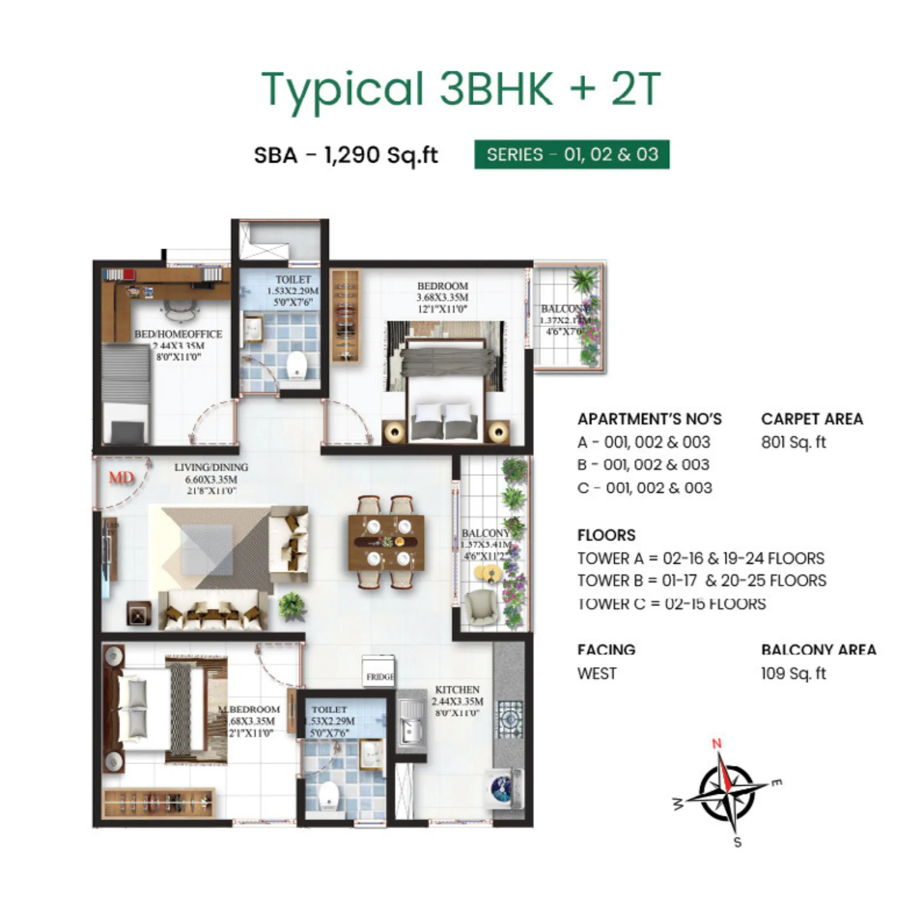 3 BHK floor plan — The Earthscape by Bricks & Milestones